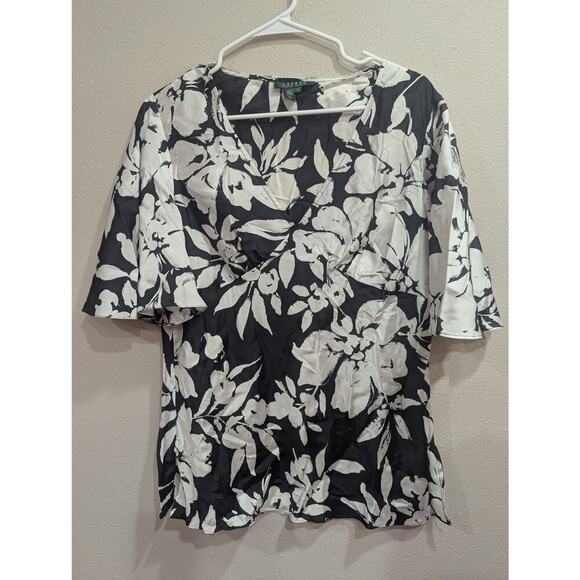 Gorgeous v-neck flutter sleeve black & white 100% silk top by Ralph Lauren, M - Picture 1 of 7